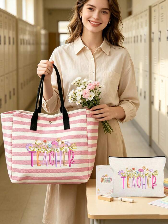 Large Capacity Vintage Striped Tote Bag- Teacher's Day Faux Embroidery Pattern P