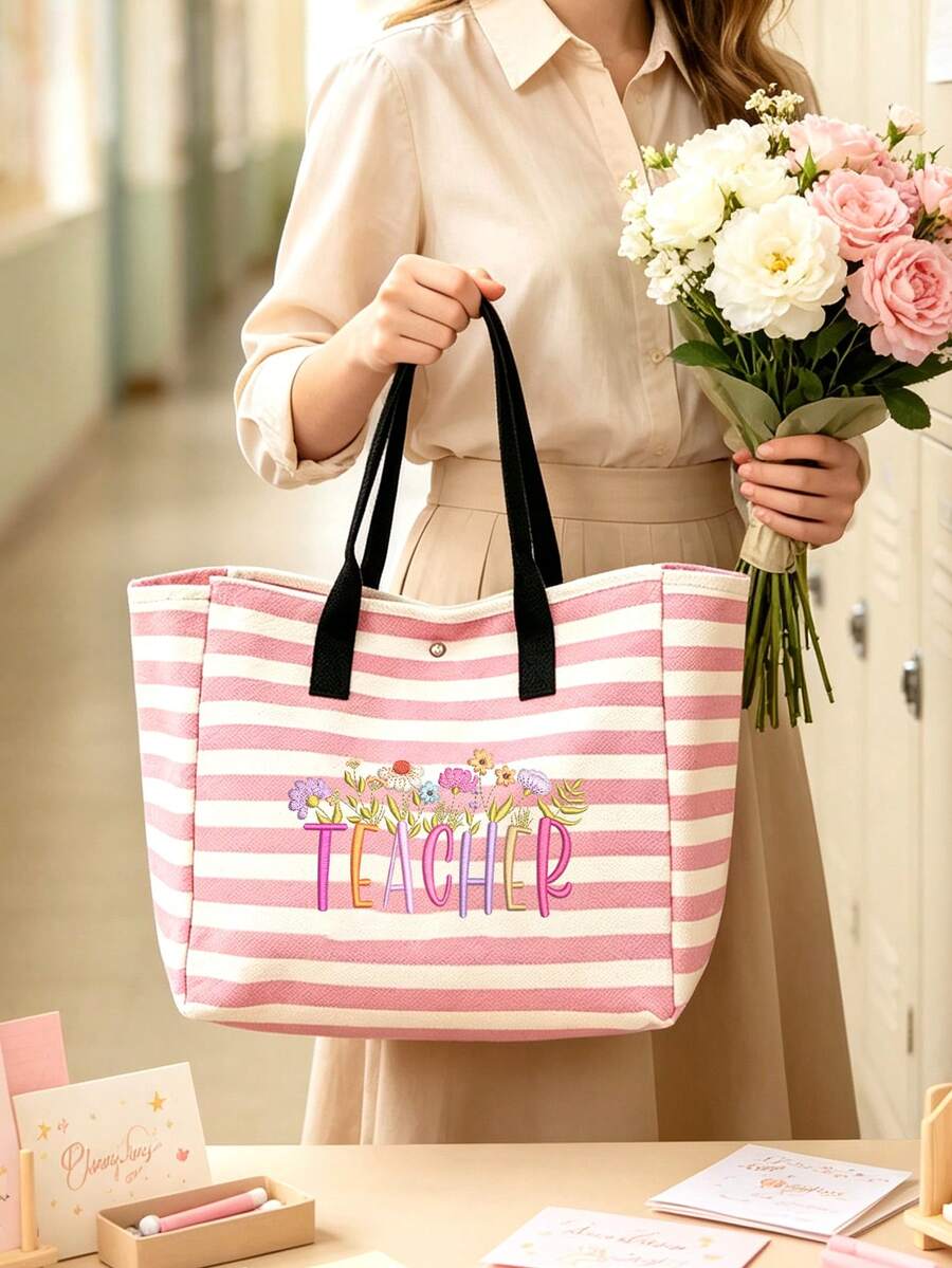 Large Capacity Vintage Striped Tote Bag- Teacher's Day Faux Embroidery Pattern Print (2D) Foldable Shoulder Bag With Women's Makeup Bag, Waterproof And Sand-Proof Travel Bag, Suitable For Carrying Te