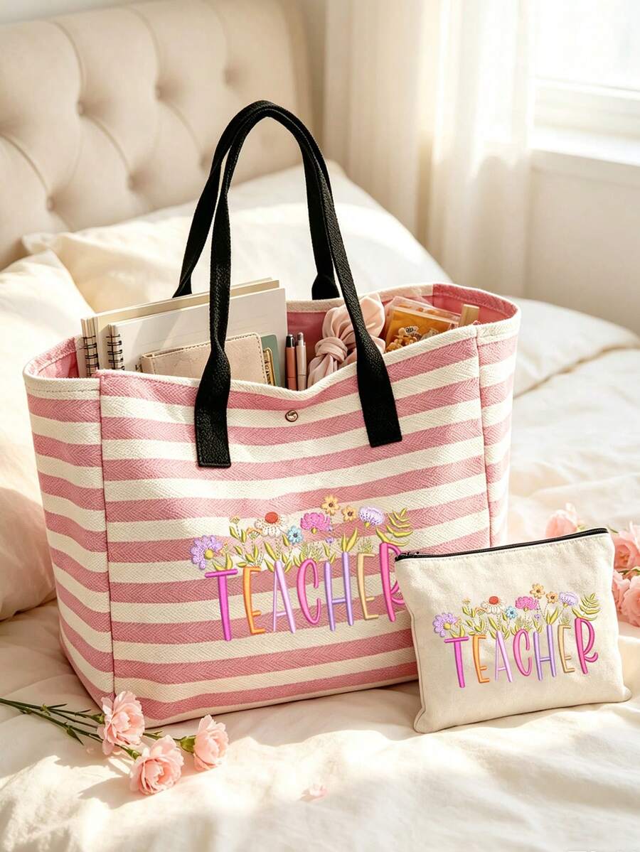Large Capacity Vintage Striped Tote Bag- Teacher's Day Faux Embroidery Pattern Print (2D) Foldable Shoulder Bag With Women's Makeup Bag, Waterproof And Sand-Proof Travel Bag, Suitable For Carrying Te