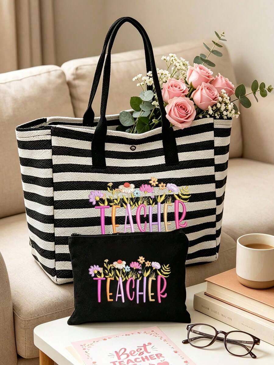 Large Capacity Vintage Striped Tote Bag- Teacher's Day Faux Embroidery Pattern Print (2D) Foldable Shoulder Bag With Women's Makeup Bag, Waterproof And Sand-Proof Travel Bag, Suitable For Carrying Te