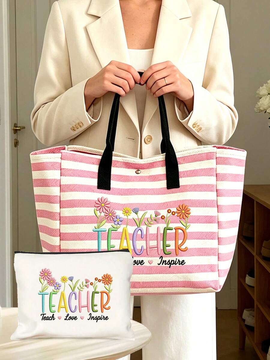 Large Capacity Vintage Striped Tote Bag- Teacher's Day Faux Embroidery Pattern Print (2D) Foldable Shoulder Bag With Women's Makeup Bag, Waterproof And Sand-Proof Travel Bag, Suitable For Carrying Te