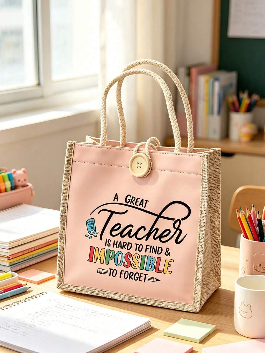 "Teacher" Letter Print Linen Tote Bag With Buckle, Makeup Organizer Bag, Minimalist Letter Print Inspirational Linen Handbag, Pink Letter & Floral Print Reusable Linen Shopping Bag| Lightweight Folda