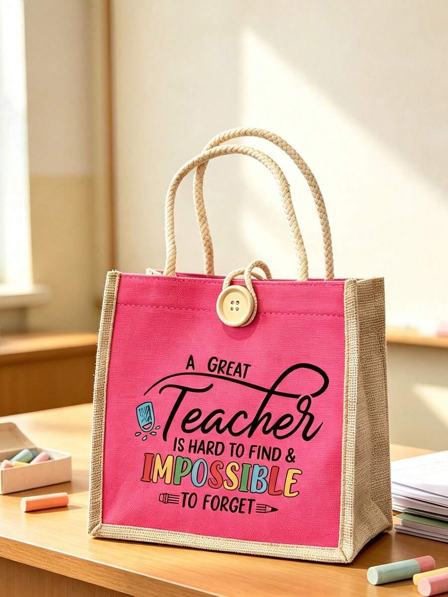 "Teacher" Letter Print Linen Tote Bag With Buckle, Makeup Organizer Bag, Minimalist Letter Print Inspirational Linen Handbag, Pink Letter & Floral Print Reusable Linen Shopping Bag| Lightweight Folda