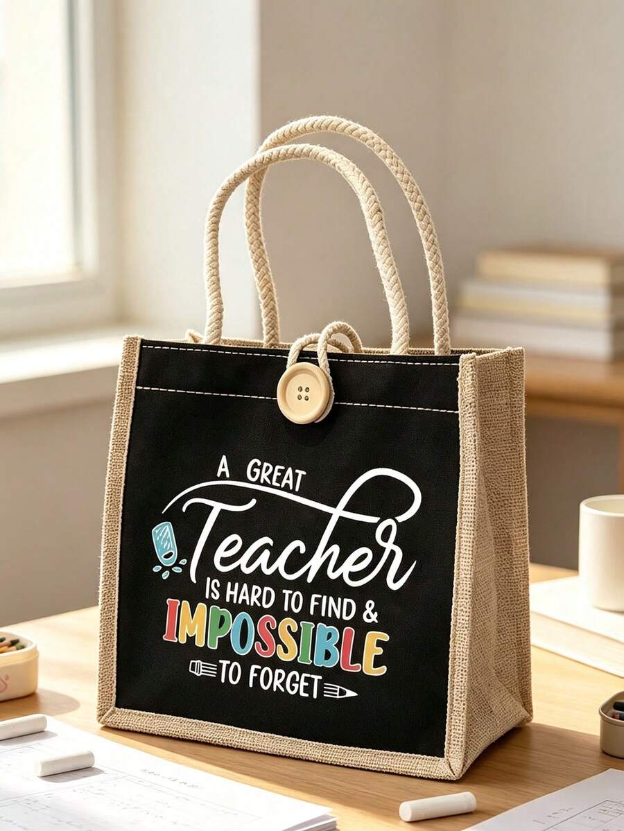 "Teacher" Letter Print Linen Tote Bag With Buckle, Makeup Organizer Bag, Minimalist Letter Print Inspirational Linen Handbag, Pink Letter & Floral Print Reusable Linen Shopping Bag| Lightweight Folda