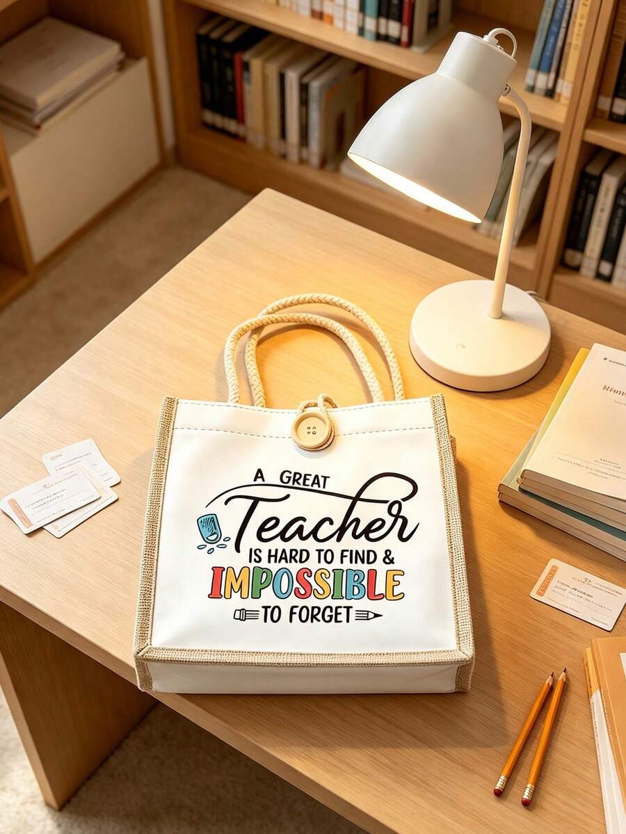 "Teacher" Letter Print Linen Tote Bag With Buckle, Makeup Organizer Bag, Minimalist Letter Print Inspirational Linen Handbag, Pink Letter & Floral Print Reusable Linen Shopping Bag| Lightweight Folda