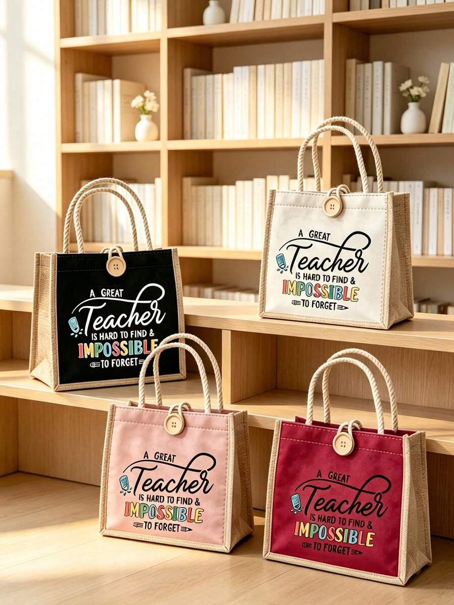 "Teacher" Letter Print Linen Tote Bag With Buckle, Makeup Organizer Bag, Minimalist Letter Print Inspirational Linen Handbag, Pink Letter & Floral Print Reusable Linen Shopping Bag| Lightweight Folda