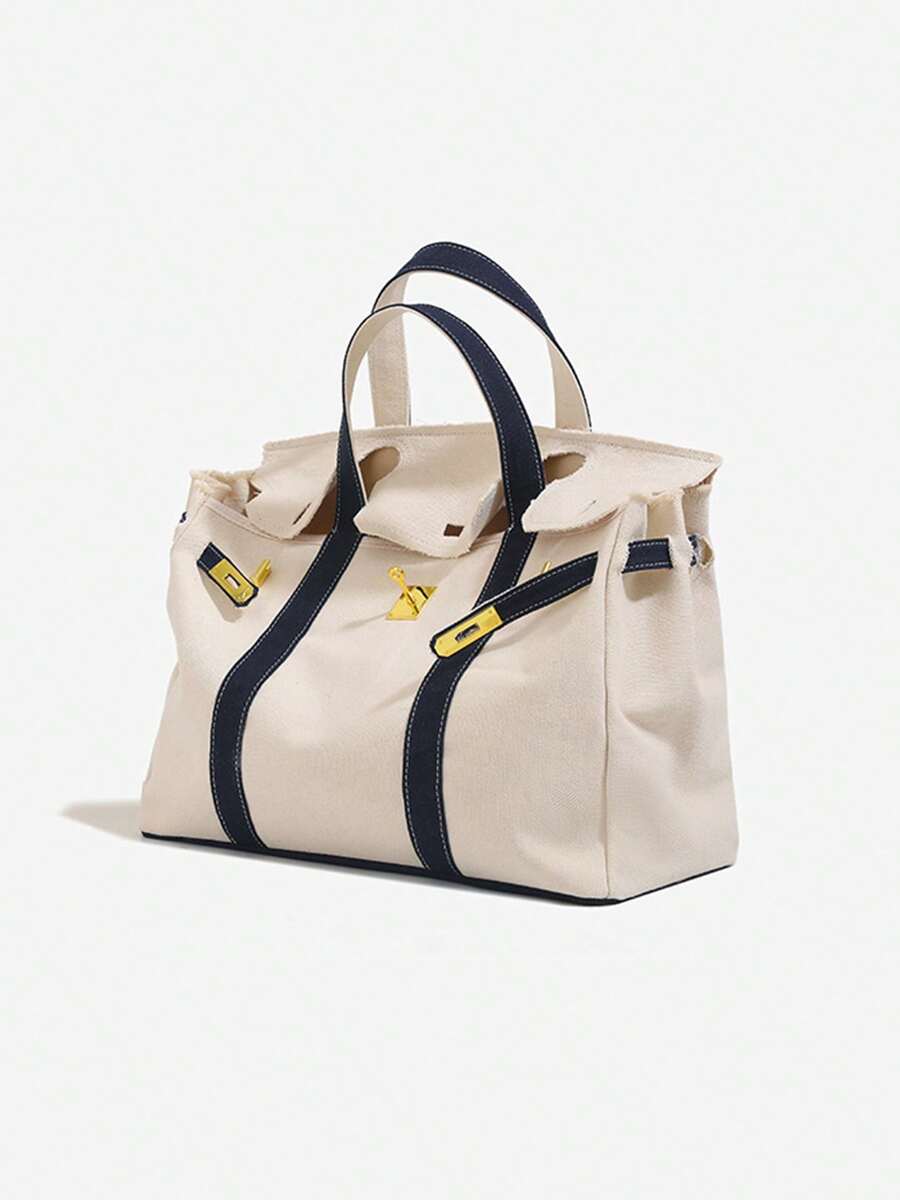 Canvas Tote Bag For Women 2026 New Arrival Luxurious Niche Design Color-Blocked Handbag Spacious Commuter Tote Versatile Everyday Bag