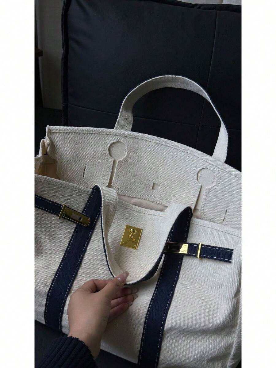 Canvas Tote Bag For Women 2026 New Arrival Luxurious Niche Design Color-Blocked Handbag Spacious Commuter Tote Versatile Everyday Bag