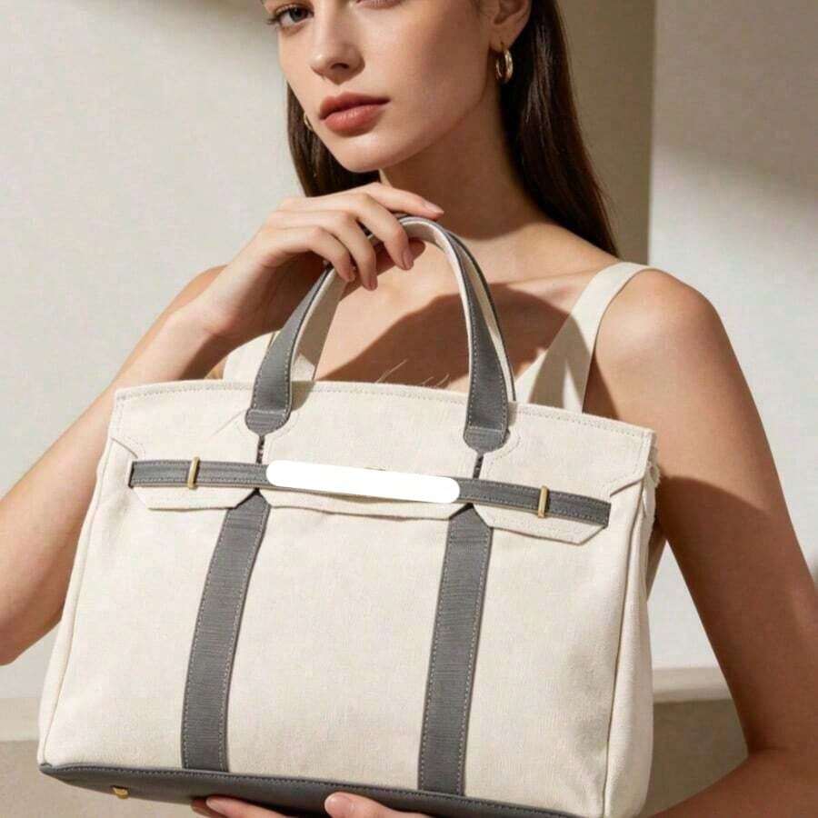 Canvas Tote Bag For Women 2026 New Arrival Luxurious Niche Design Color-Blocked Handbag Spacious Commuter Tote Versatile Everyday Bag