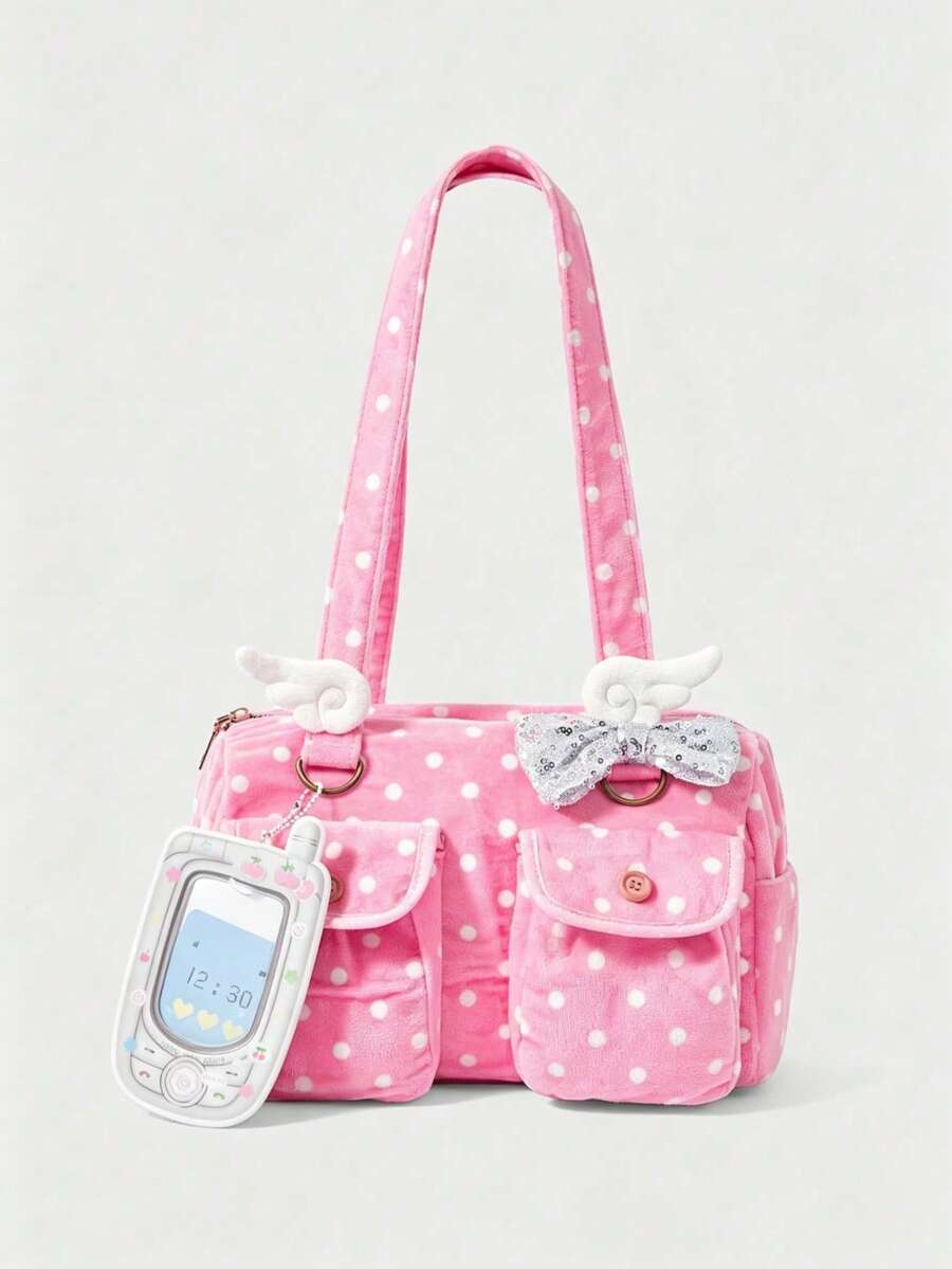ROMWE Anime 1Pc Pink Y2k Cute College Polka Dot Printing Pattern With Wings Shiny Bow Mobile Phone Card Cover Pendant Decorative Design Multi-Functional Multi-Pocket Shoulder Tote Bag, Fashionable And