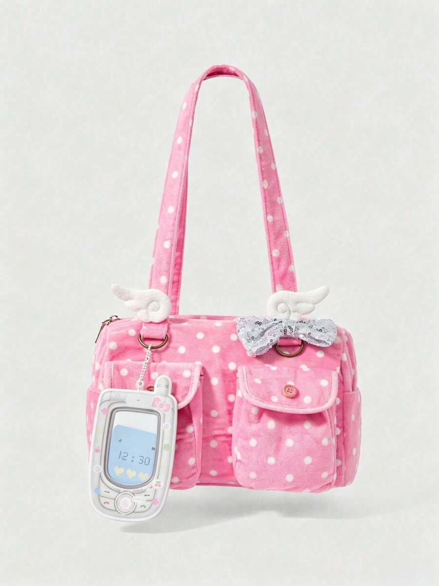 ROMWE Anime 1Pc Pink Y2k Cute College Polka Dot Printing Pattern With Wings Shiny Bow Mobile Phone Card Cover Pendant Decorative Design Multi-Functional Multi-Pocket Shoulder Tote Bag, Fashionable And