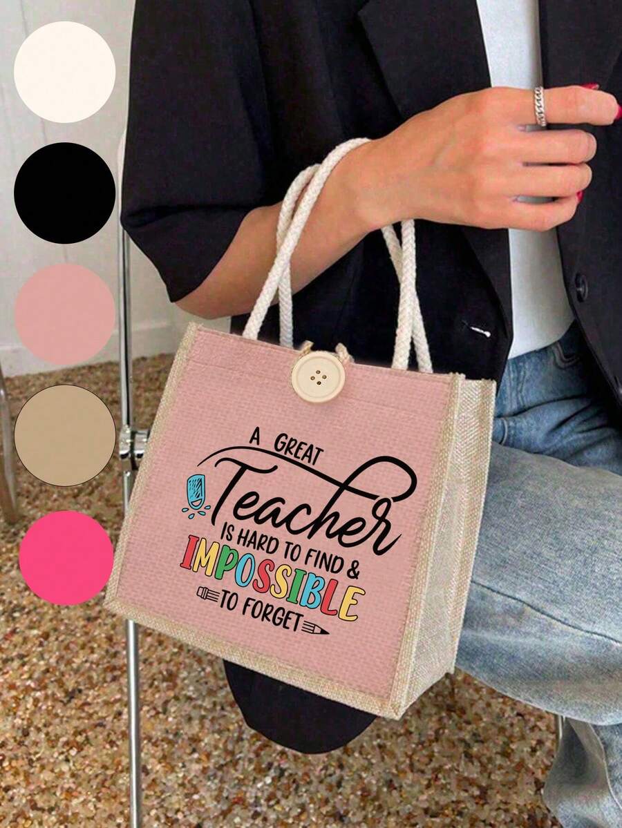 "Teacher" Letter Print Linen Tote Bag With Buckle, Makeup Organizer Bag, Minimalist Letter Print Inspirational Linen Handbag, Pink Letter & Floral Print Reusable Linen Shopping Bag| Lightweight Folda