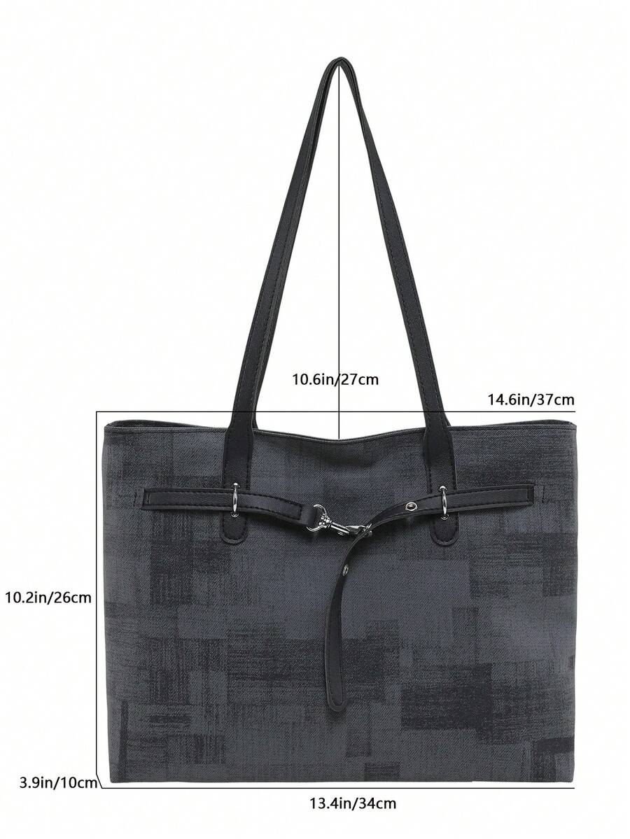 1pc Black Summer New Fashion Strap Decor Large Capacity Contrast Color PU Tote Bag Women's Shoulder Bag
