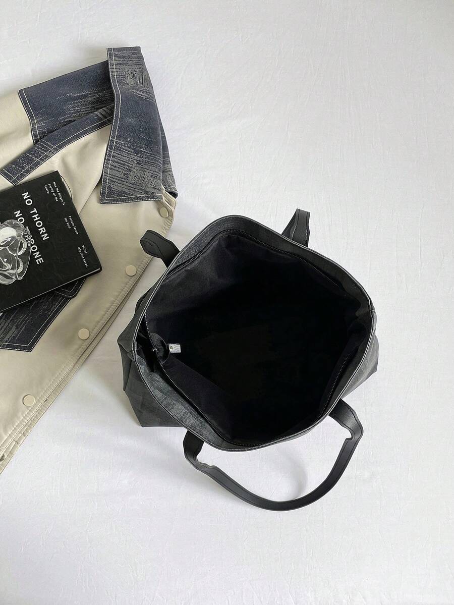 1pc Black Summer New Fashion Strap Decor Large Capacity Contrast Color PU Tote Bag Women's Shoulder Bag