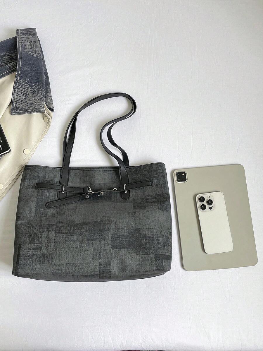 1pc Black Summer New Fashion Strap Decor Large Capacity Contrast Color PU Tote Bag Women's Shoulder Bag