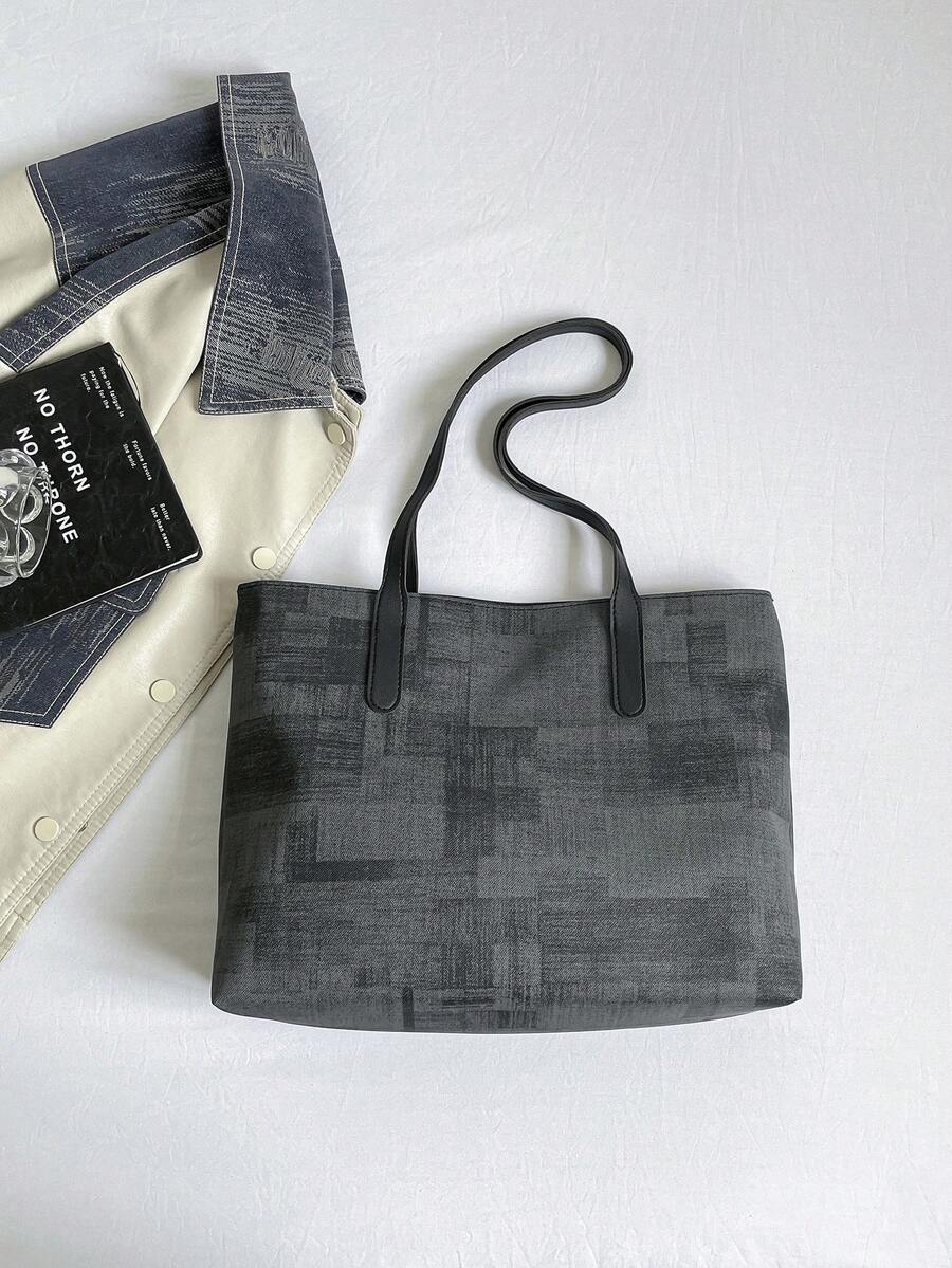 1pc Black Summer New Fashion Strap Decor Large Capacity Contrast Color PU Tote Bag Women's Shoulder Bag
