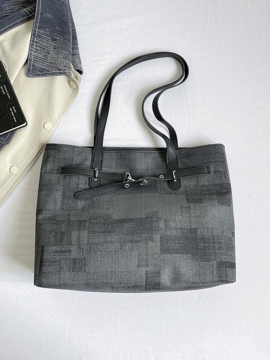 1pc Black Summer New Fashion Strap Decor Large Capacity Contrast Color PU Tote Bag Women's Shoulder Bag