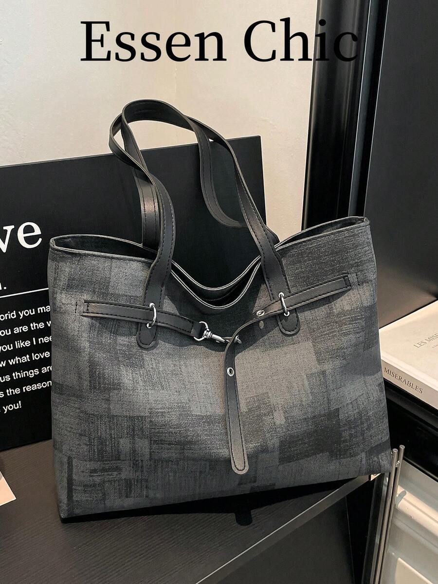 1pc Black Summer New Fashion Strap Decor Large Capacity Contrast Color PU Tote Bag Women's Shoulder Bag