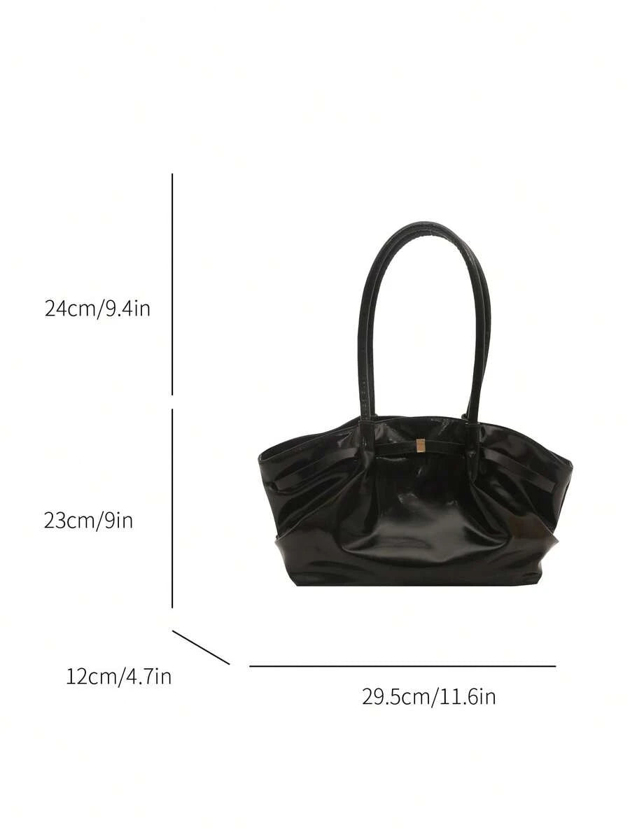 1pc Black Summer New Metal Hardware Strap Decor Large Capacity Solid Color PU Tote Bag Women's Shoulder Bag