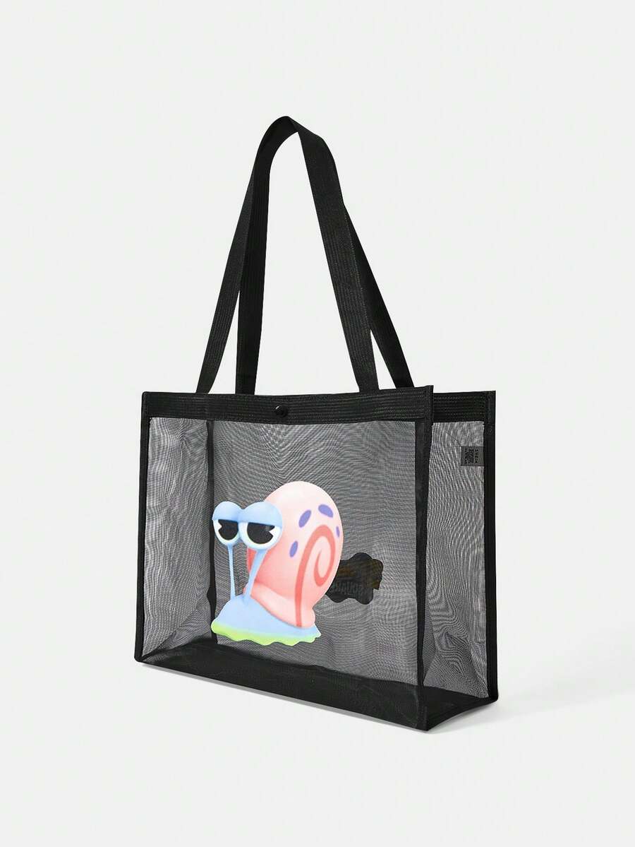 SpongeBob SquarePants| Black Mesh Tote Bag With Printed Pattern, Large Capacity, Portable, Suitable For Vacation, Travel, Shopping