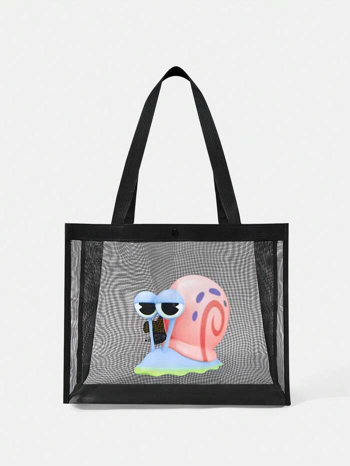 SpongeBob SquarePants| Black Mesh Tote Bag With Printed Pattern, Large Capacity