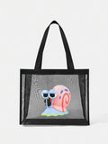 SpongeBob SquarePants| Black Mesh Tote Bag With Printed Pattern, Large Capacity