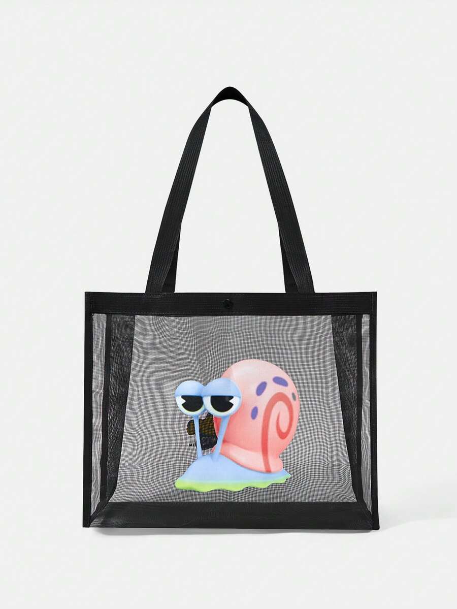 SpongeBob SquarePants| Black Mesh Tote Bag With Printed Pattern, Large Capacity, Portable, Suitable For Vacation, Travel, Shopping