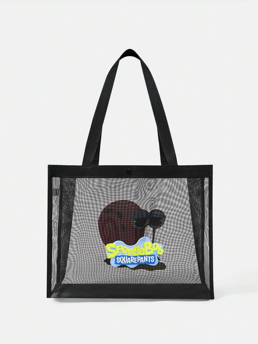 SpongeBob SquarePants| Black Mesh Tote Bag With Printed Pattern, Large Capacity, Portable, Suitable For Vacation, Travel, Shopping
