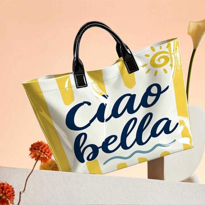 1pc Bright Blue And Yellow Patchwork Graphic Ciao Bella Tote| For Campus, Work