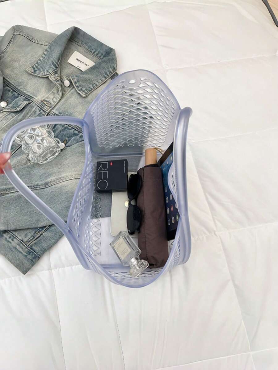 Clear Jelly Tote Bags For Women, Lightweight Waterproof Beach Purse With Open Top And Lattice Cutout