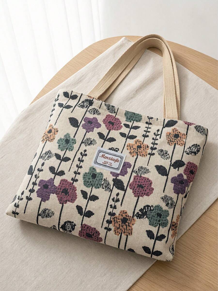 Large Capacity Zipper Shoulder Tote Bag, Floral Print With Decorative Scarf, Suitable For Work, School, Commuting Or Daily Casual Use