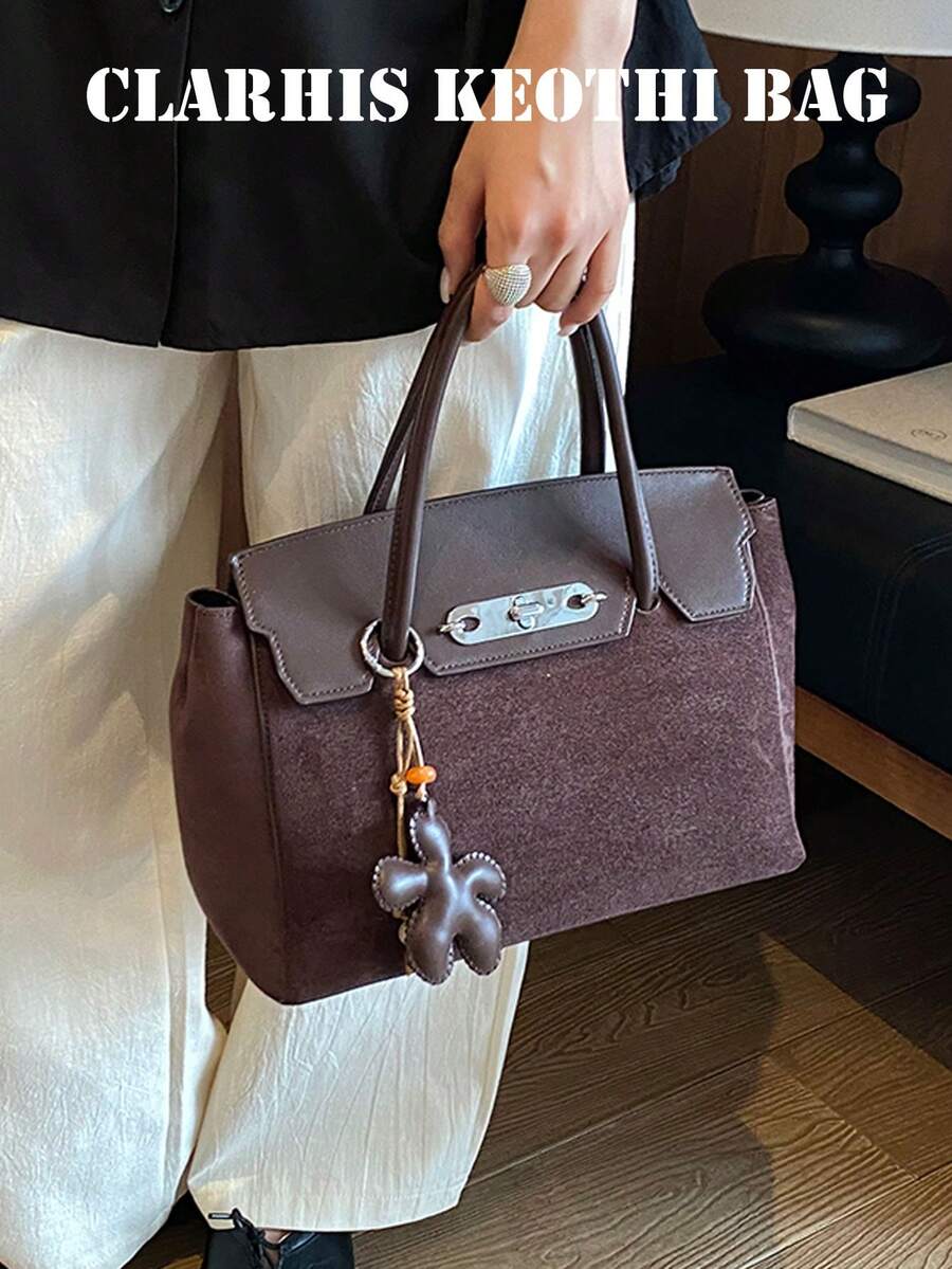 Colorblock Handbag With Metal Twist Lock, Detachable Crossbody Long Strap, Comes With Leather Star Charm, Structured Shape With Ample Capacity, Vintage Texture, Versatile Commuter Luxury Women's Bag