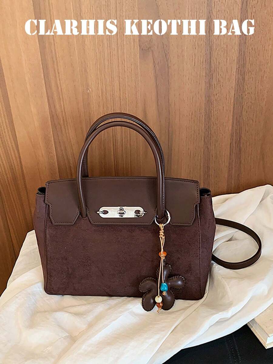 Colorblock Handbag With Metal Twist Lock, Detachable Crossbody Long Strap, Comes With Leather Star Charm, Structured Shape With Ample Capacity, Vintage Texture, Versatile Commuter Luxury Women's Bag