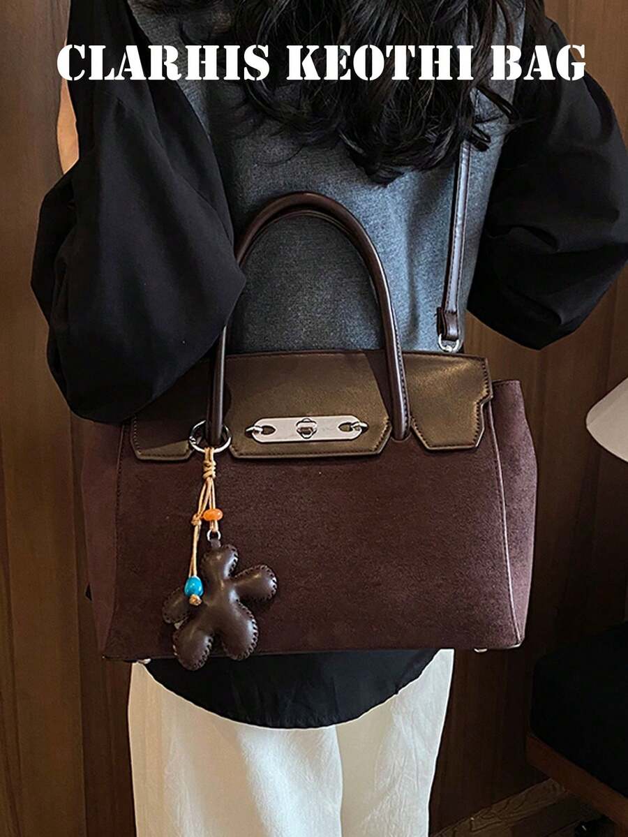Colorblock Handbag With Metal Twist Lock, Detachable Crossbody Long Strap, Comes With Leather Star Charm, Structured Shape With Ample Capacity, Vintage Texture, Versatile Commuter Luxury Women's Bag
