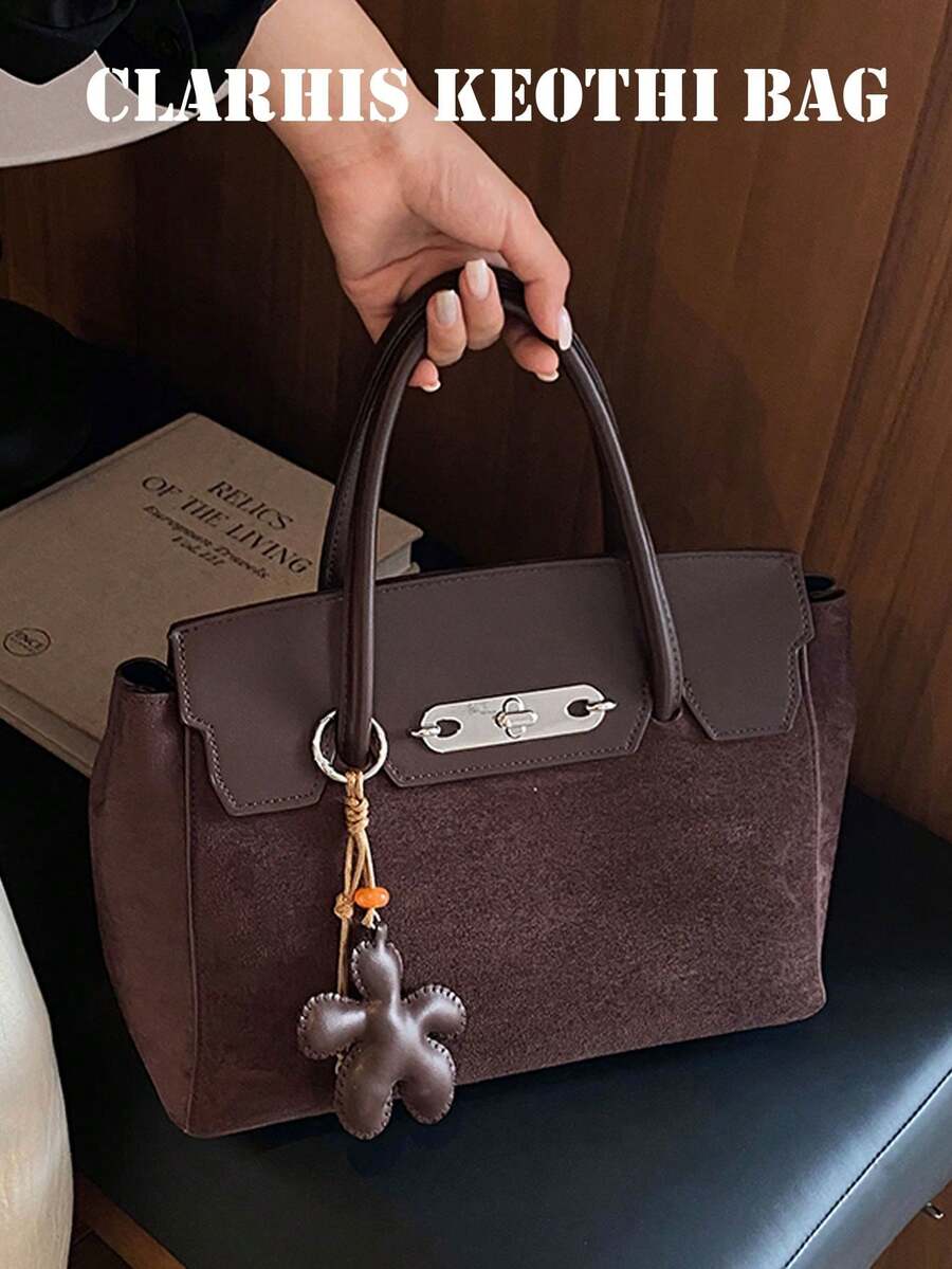 Colorblock Handbag With Metal Twist Lock, Detachable Crossbody Long Strap, Comes With Leather Star Charm, Structured Shape With Ample Capacity, Vintage Texture, Versatile Commuter Luxury Women's Bag