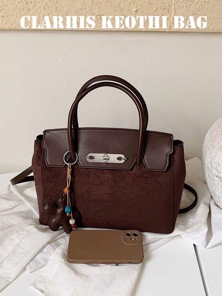 Colorblock Handbag With Metal Twist Lock, Detachable Crossbody Long Strap, Comes With Leather Star Charm, Structured Shape With Ample Capacity, Vintage Texture, Versatile Commuter Luxury Women's Bag