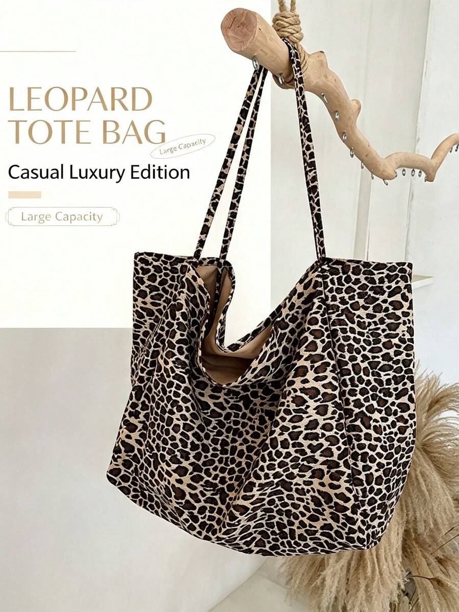 Leopard Print Tote Bag,Fashionable & Spacious Canvas Material Backpack Shoulder Handbag, Large Capacity Bag For Women,School Bag,Large Capacity