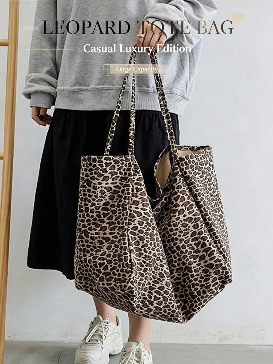 Leopard Print Tote Bag,Fashionable & Spacious Canvas Material Backpack Shoulder Handbag, Large Capacity Bag For Women,School Bag,Large Capacity