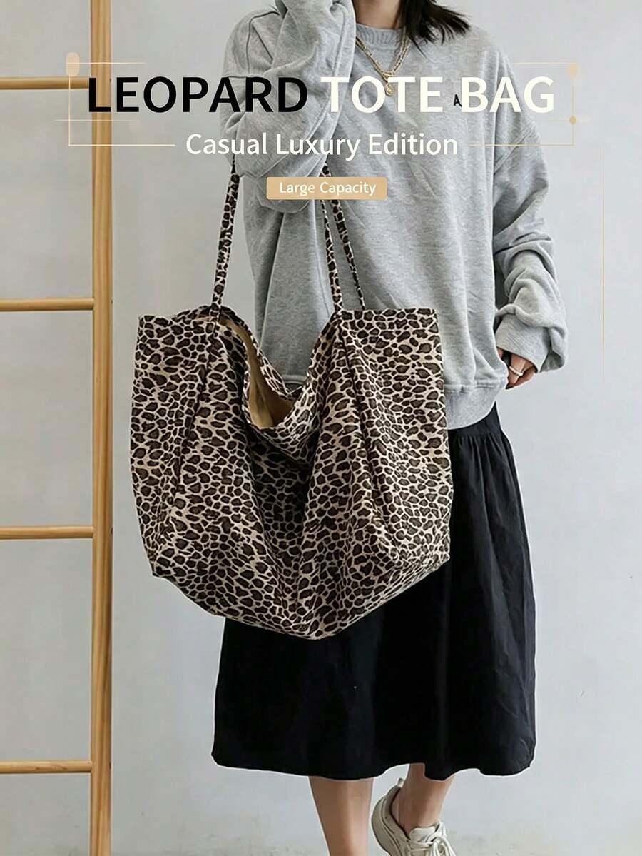 Leopard Print Tote Bag,Fashionable & Spacious Canvas Material Backpack Shoulder Handbag, Large Capacity Bag For Women,School Bag,Large Capacity