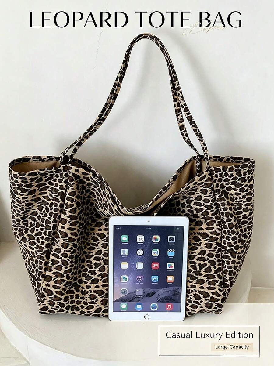 Leopard Print Tote Bag,Fashionable & Spacious Canvas Material Backpack Shoulder Handbag, Large Capacity Bag For Women,School Bag,Large Capacity