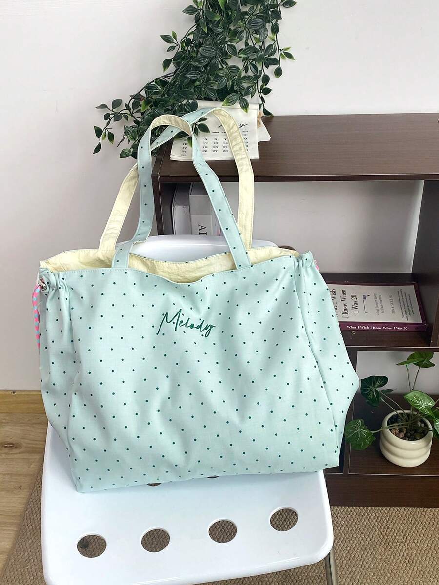 Cute Plaid Duck Patch Canvas Tote Bag, Drawstring Large Capacity Casual Shoulder Shopping Handbag For Women