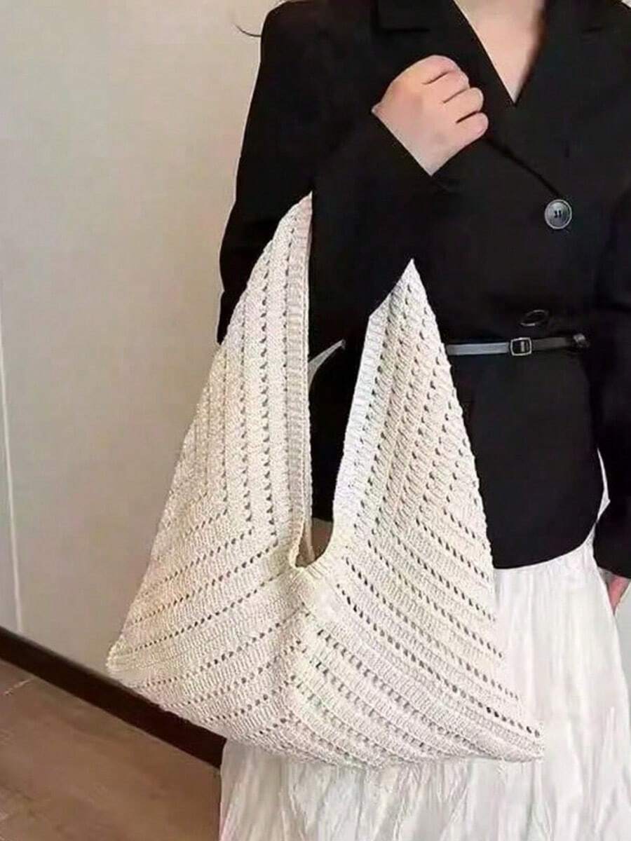 Summer Women'S Vintage Vacation Style,Women Hollow Knitted Shoulder Bag,Simple Crochet Handbag,Lightweight Casual Hollow Out Pattern Crochet Bag
