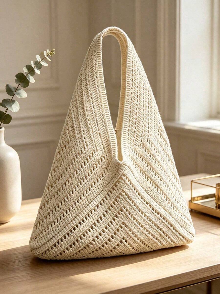 Summer Women'S Vintage Vacation Style,Women Hollow Knitted Shoulder Bag,Simple Crochet Handbag,Lightweight Casual Hollow Out Pattern Crochet Bag