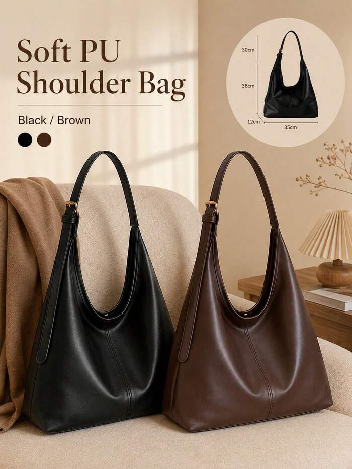 Soft PU Leather Slouchy Shoulder Bag Large Hobo Tote Handbags For Women Travel E