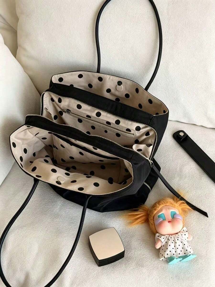 2026 New Korean Style Cute Black & White Polka Dot Large Capacity Shoulder Bag Casual Versatile Travel Handbag