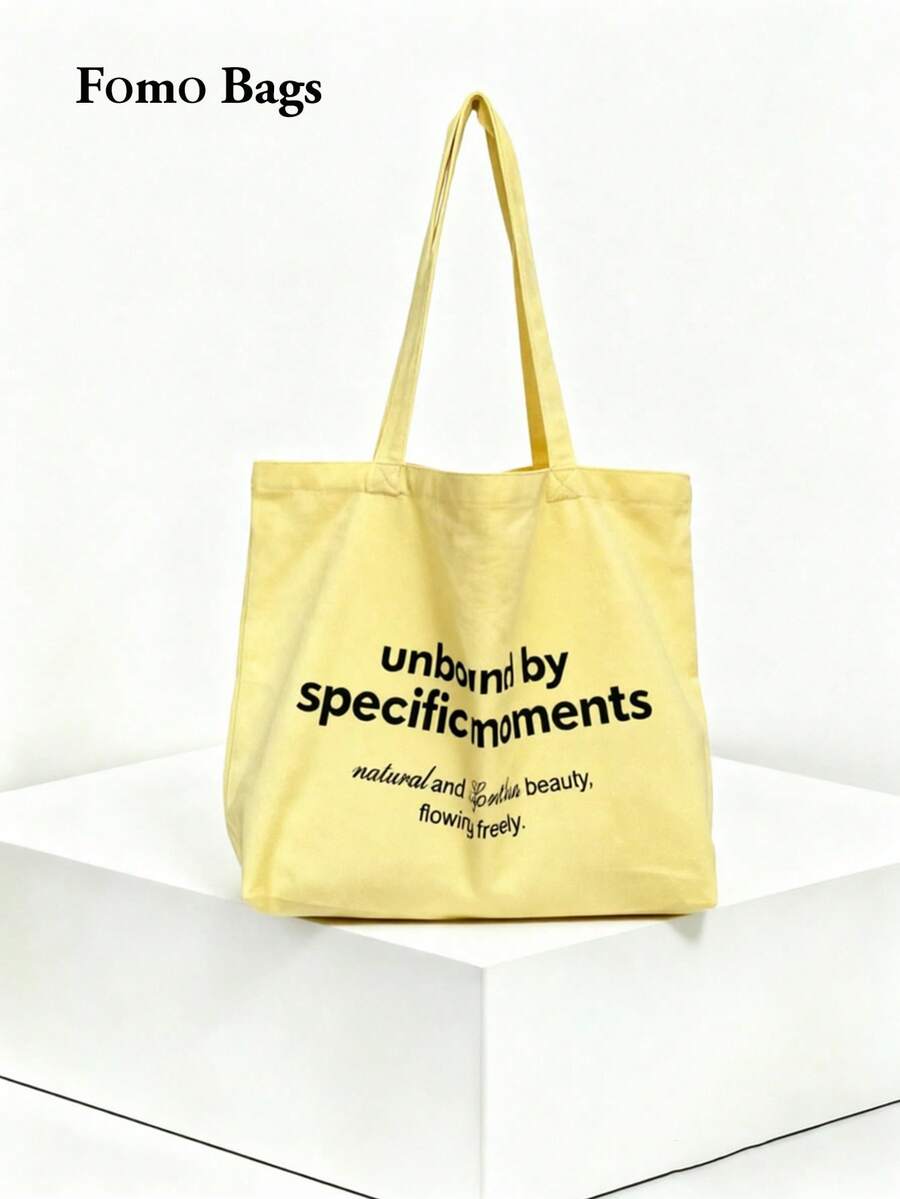 Japanese & Korean Style Minimalist Fashion Slouchy Cream Yellow Large Capacity Letter Niche Design Ins Lightweight Fresh Commute Outing Shopping Daily Shoulder Underarm Tote Bag For Women