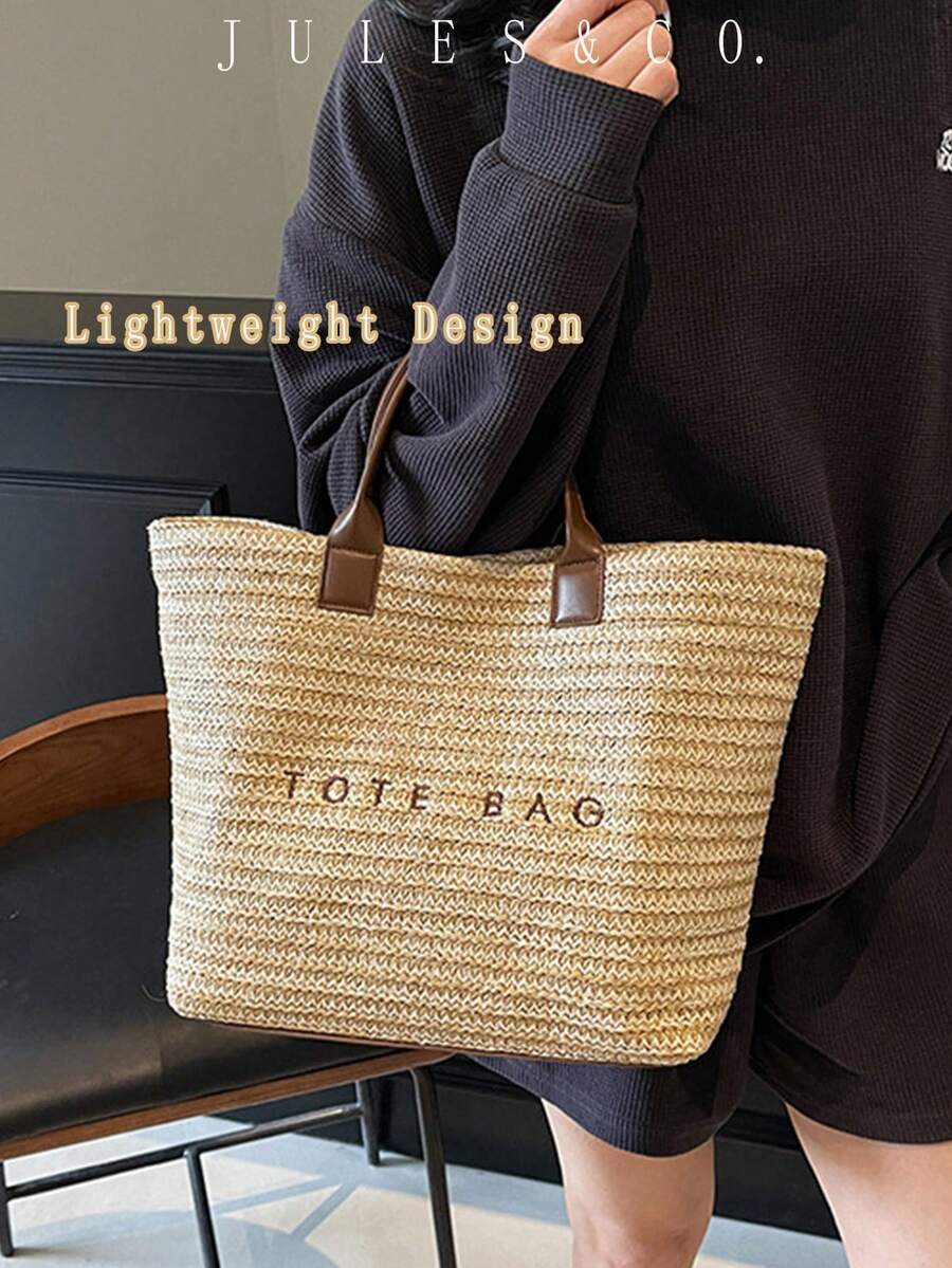 Large Capacity Casual Vacation Straw Tote Bag, Minimalist Elegant Women Shoulder Handbag, Summer, Holiday