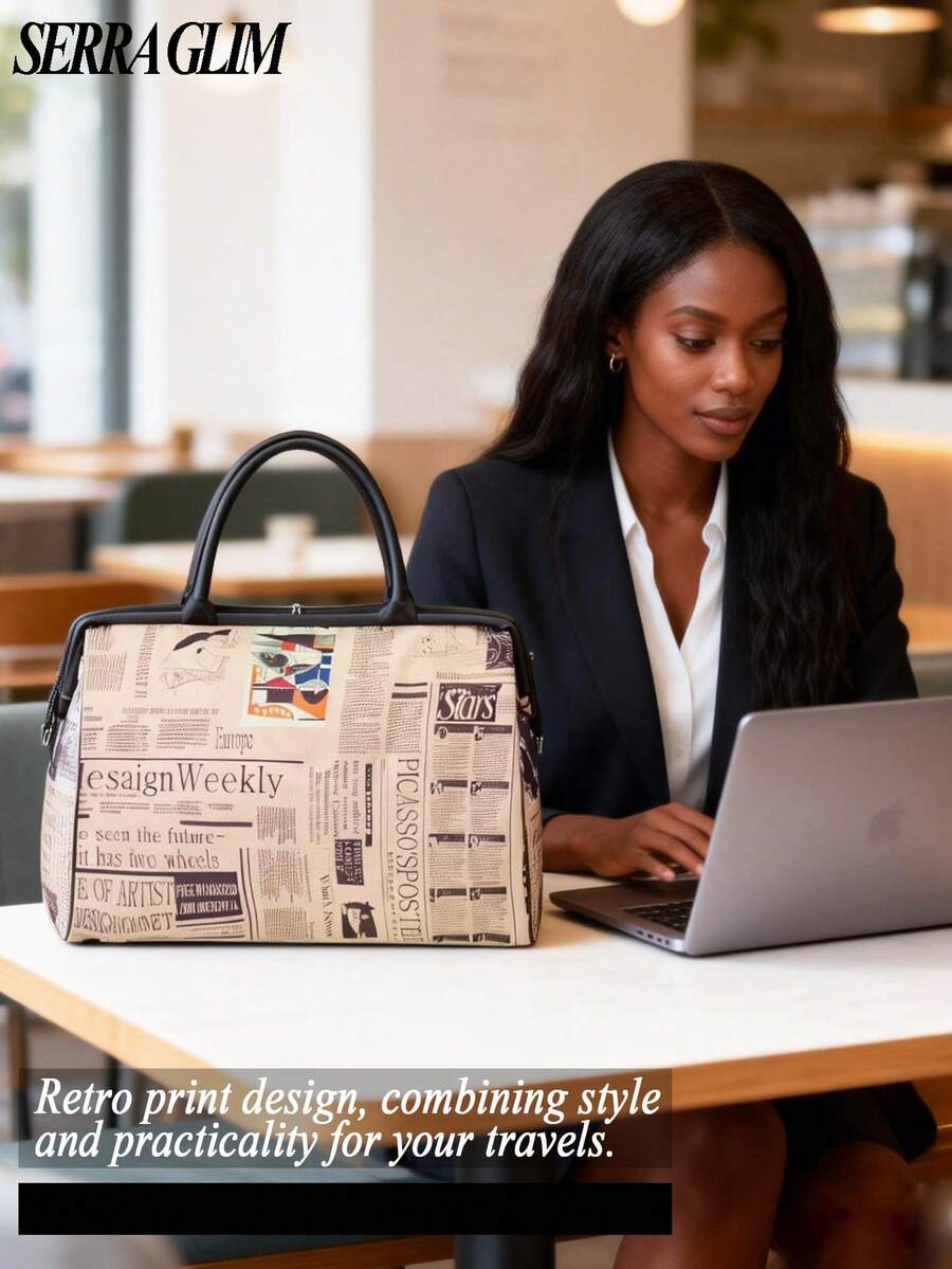 Retro Newspaper Print Women's Tote Bag Handbag Large Capacity Travel Organizer Storage Bag Waterproof Student Luggage Bag- Zipper Closure Travel Bag