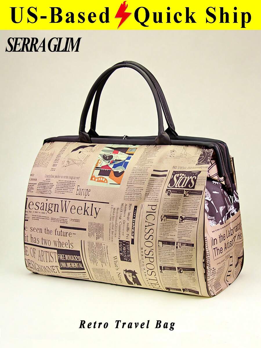 Retro Newspaper Print Women's Tote Bag Handbag Large Capacity Travel Organizer Storage Bag Waterproof Student Luggage Bag- Zipper Closure Travel Bag