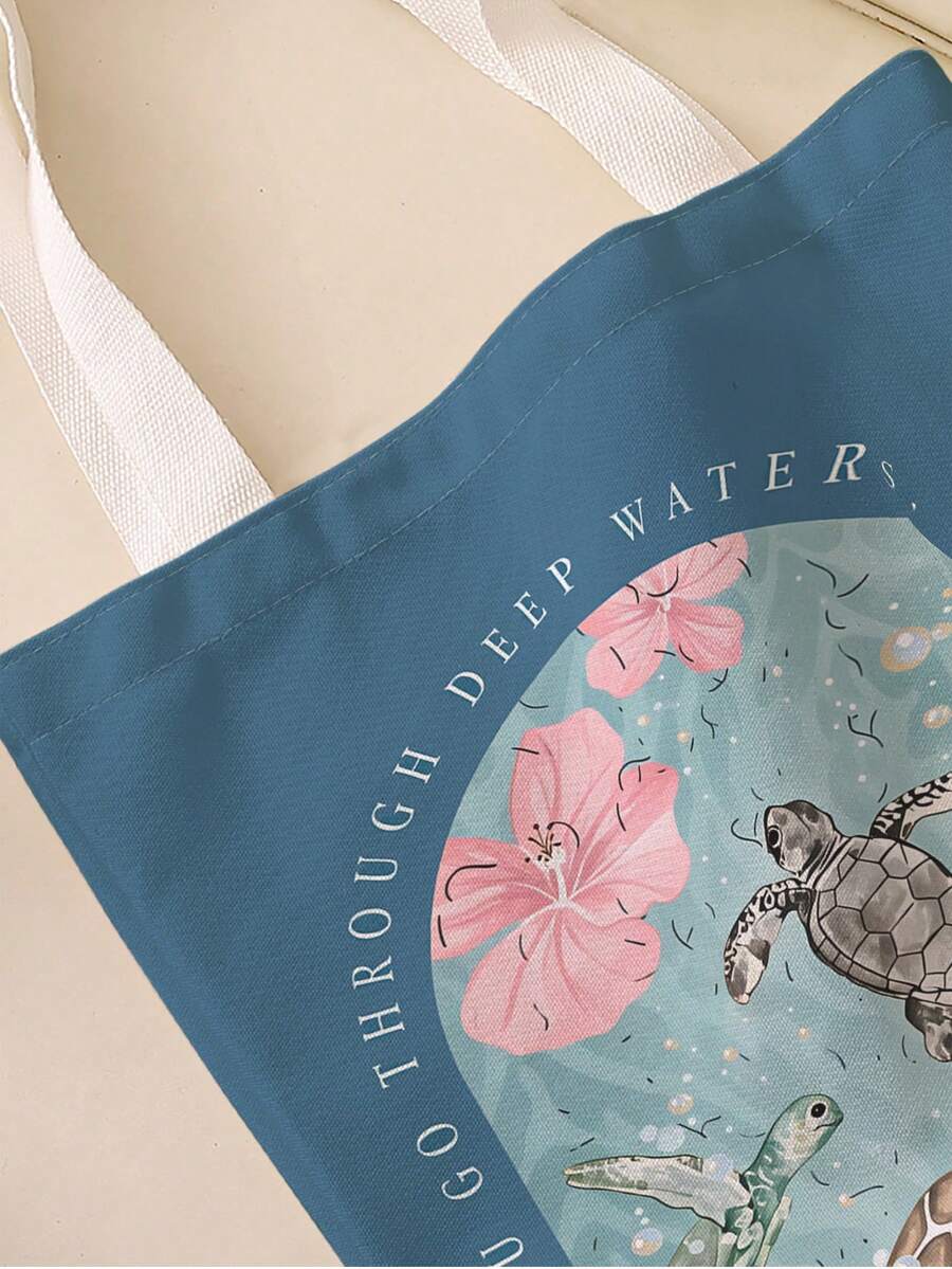 1pc Marine Elements Print Canvas, Large Capacity Storage, Open Top Closure, Retro Literary Style,Tote Bag For Students Daily Shopping Commute Travel